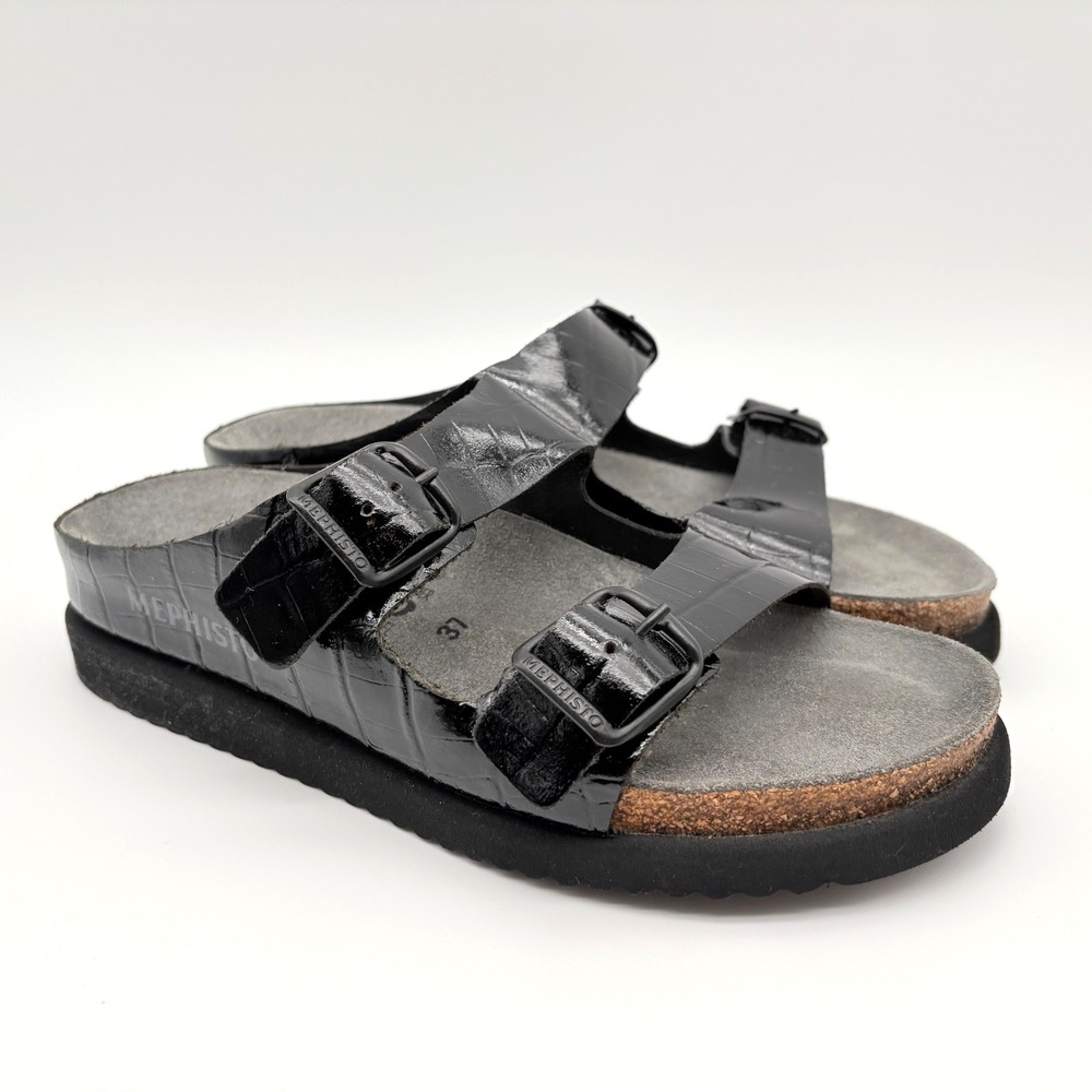 Mephisto Croc Print Sandals Womens Size 37 (US 7) Black Leather Slip On